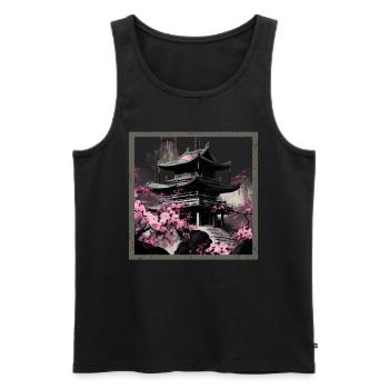 Temple japonais vintage des fleurs de cerisier Sakura - Débardeur bio Premium Homme - noir - Devant - Michal (187cm)
