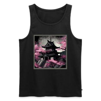 Temple japonais vintage des fleurs de cerisier Sakura - Débardeur bio Premium Homme - noir - Devant - Michal (187cm)