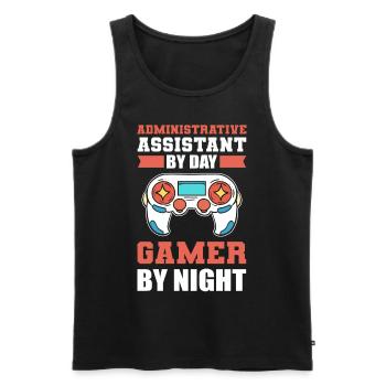 Assistante administrative le jour Joueur de nuit - Débardeur bio Premium Homme - noir - Devant - AI Model Male 178 light (178cm)