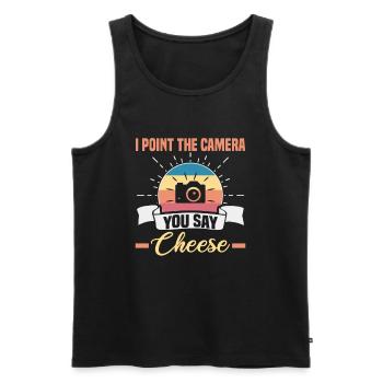 I point the camera you say cheese Fotograf - Männer Premium Bio Tank Top - Schwarz - Vorne - AI Model Male 178 light (178cm)