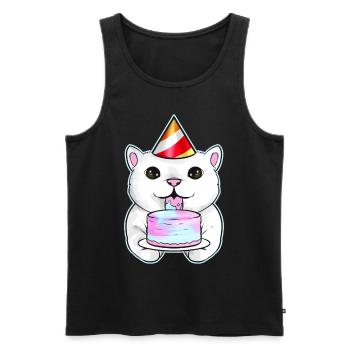 White Cat With Party Hat Licks A Birthday Cake On - Men's Premium Organic Tank Top - black - Front - Michal (187cm)