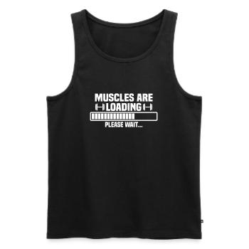 Muscles are loading – please wait – bitte warten - Männer Premium Bio Tank Top - Schwarz - Vorne - Michal (187cm)