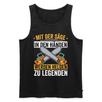 MIt der Säge in den Händen werde ich zu Legende - Männer Premium Bio Tank Top - Schwarz - Vorne - Michal (187cm)