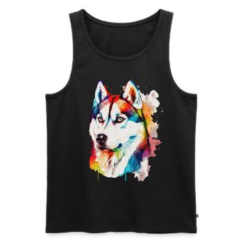 Aquarelle Husky Sibérien coloré Husky Dog Lover - Débardeur bio Premium Homme - noir - Devant - Michal (187cm)