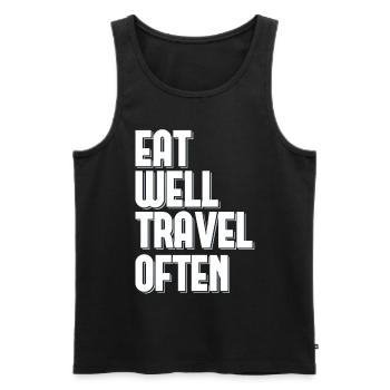 Bien manger Voyager souvent Touriste Voyageur du Monde - Débardeur bio Premium Homme - noir - Devant - AI Model Male 178 light (178cm)