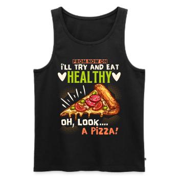 Pizza amusante, nourriture saine, pizza végétarienne - Débardeur bio Premium Homme - noir - Devant - AI Model Male 178 light (178cm)