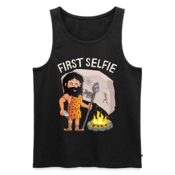 Lustiger Neandertaler, First-Selfie, Spruch, Pun - Männer Premium Bio Tank Top - Schwarz - Vorne - AI Model Male 178 light (178cm)
