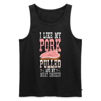 Barbecue J’aime mon porc effiloché fumé - Débardeur bio Premium Homme - noir - Devant - Michal (187cm)