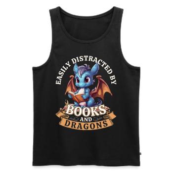 Easily Distracted By Books And Dragons: Drachen - Männer Premium Bio Tank Top - Schwarz - Vorne - AI Model Male 178 light (178cm)