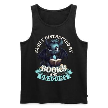 Easily Distracted By Books And Dragons: Drachen - Männer Premium Bio Tank Top - Schwarz - Vorne - AI Model Male 178 light (178cm)