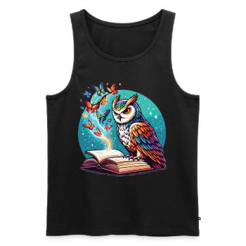 Livre Rêve avec hibou et papillons - Débardeur bio Premium Homme - noir - Devant - Michal (187cm)