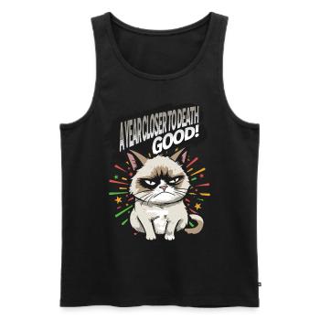 Plus près de la mort - Pyjama Angry Cat Happy New Year - Débardeur bio Premium Homme - noir - Devant - AI Model Male 178 light (178cm)