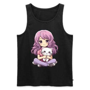 Kawaii Girl Anime Manga Fille et chat - Débardeur bio Premium Homme - noir - Devant - AI Model Male 178 light (178cm)