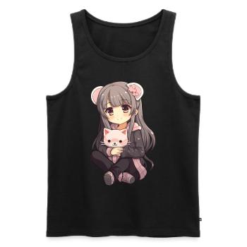 Kawaii Girl Anime Manga Fille et chat - Débardeur bio Premium Homme - noir - Devant - AI Model Male 178 light (178cm)