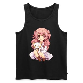 Kawaii Girl Anime Manga Fille et chat - Débardeur bio Premium Homme - noir - Devant - AI Model Male 178 light (178cm)