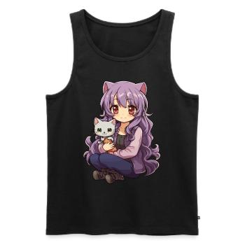 Kawaii Girl Anime Manga Fille et chat - Débardeur bio Premium Homme - noir - Devant - AI Model Male 178 light (178cm)
