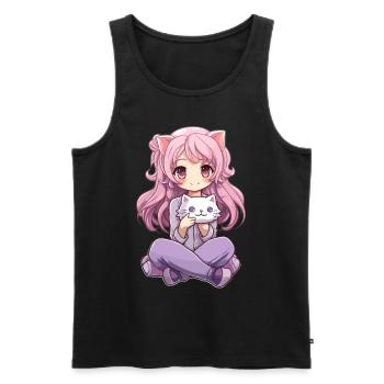 Kawaii Girl Anime Manga Fille et chat - Débardeur bio Premium Homme - noir - Devant - AI Model Male 178 light (178cm)