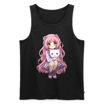 Kawaii Girl Anime Manga Fille et chat - Débardeur bio Premium Homme - noir - Devant - AI Model Male 178 light (178cm)