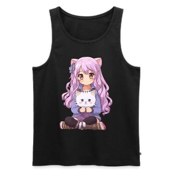 Kawaii Girl Anime Manga Fille et chat - Débardeur bio Premium Homme - noir - Devant - AI Model Male 178 light (178cm)