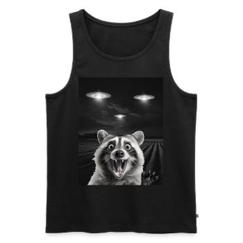 Funny raccoon selfie in front of UFOs Raccoon UFO - Men's Premium Organic Tank Top - black - Front - AI Model Male 178 light (178cm)