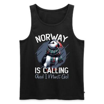 Norvège, Macareux, La Norvège vous appelle - Débardeur bio Premium Homme - noir - Devant - Michal (187cm)