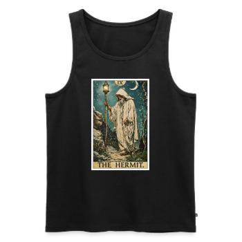 Carte de Tarot Carte de Tarot L’Ermite L’Ermite - Débardeur bio Premium Homme - noir - Devant - AI Model Male 178 light (178cm)