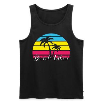 Ambiance de plage. Été, Soleil, Vacances, Palmiers, Rétro, - Débardeur bio Premium Homme - noir - Devant - AI Model Male 178 light (178cm)
