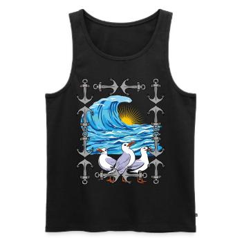 Mouettes, Mouette, Vagues, Mer, Océan, Côte - Débardeur bio Premium Homme - noir - Devant - Michal (187cm)