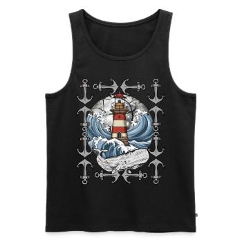phare, signal, maritime, baleine, vagues, mer, poisson - Débardeur bio Premium Homme - noir - Devant - Michal (187cm)