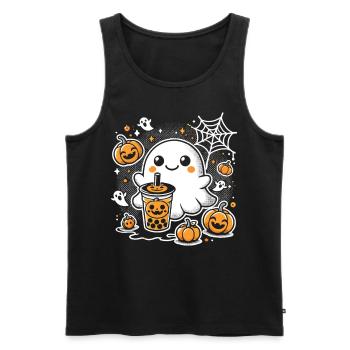 Halloween T-Shirt: Geist mit Kürbis Bubbletea - Männer Premium Bio Tank Top - Schwarz - Vorne - Michal (187cm)