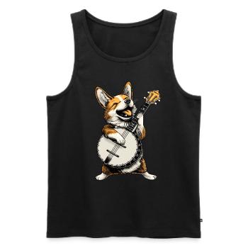 Corgi Dog Joueur de banjo bluegrass - Débardeur bio Premium Homme - noir - Devant - Michal (187cm)