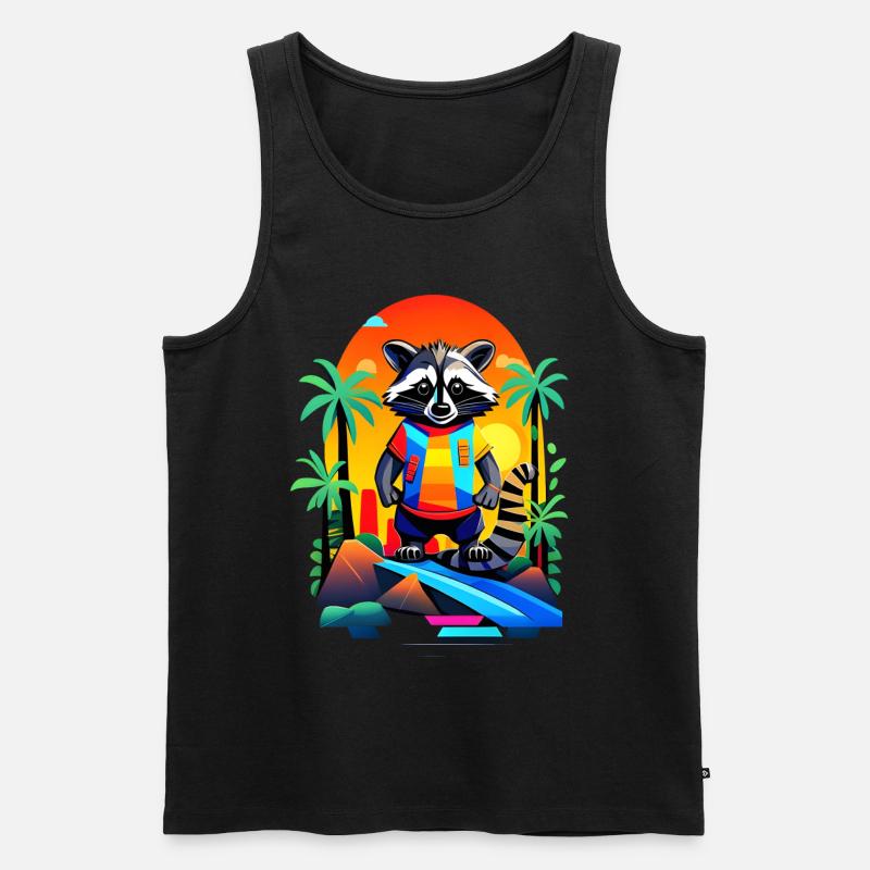 Retro Waschbär in Tropical Sunset - Männer Premium Bio Tank Top - Schwarz