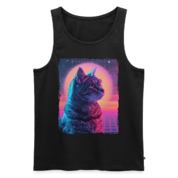 Funny Cute Retro Cat Animal 80s Neon Sun Fat Cat - Men's Premium Organic Tank Top - black - Front - Michal (187cm)