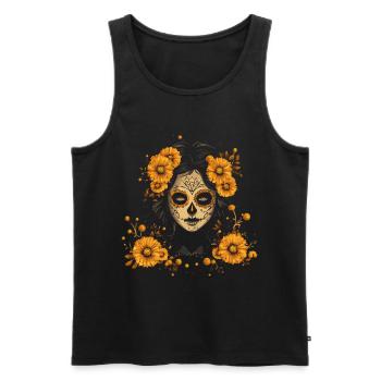 Création d’un crâne de catrina jaune - Dia de los Muertos - Débardeur bio Premium Homme - noir - Devant - Michal (187cm)