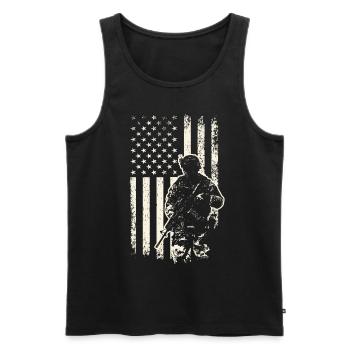 Soldat et drapeau des États-Unis – Journée des anciens combattants du 4 juillet - Débardeur bio Premium Homme - noir - Devant - Michal (187cm)