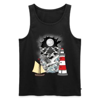 maritime, seagulls, seagull, lighthouse, sailing ship, boat - Men's Premium Organic Tank Top - black - Front - AI Model Male 178 light (178cm)