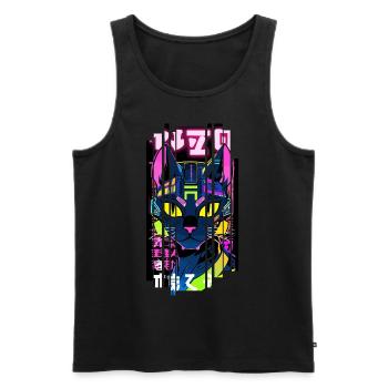 Ver.1 - Cyborg chat néon kanji - Débardeur bio Premium Homme - noir - Devant - AI Model Male 178 light (178cm)
