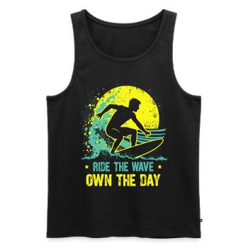 Surfer Ride the Wave – Own the Day Saying - Men's Premium Organic Tank Top - black - Front - AI Model Male 178 light (178cm)