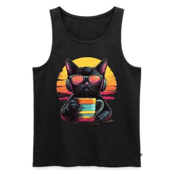 80s Style: Chill Cat with Coffee - Men's Premium Organic Tank Top - black - Front - AI Model Male 178 light (178cm)