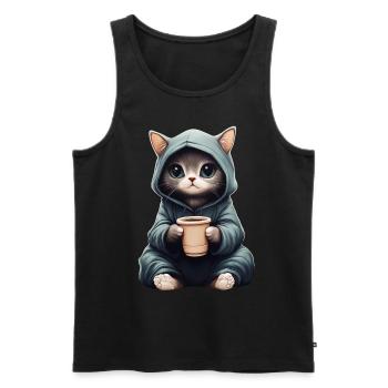 Mignon : Chat dans un sweat à capuche avec du café - Débardeur bio Premium Homme - noir - Devant - Michal (187cm)