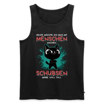 Menschen schubsen: Lustige schwarze Katze mit Plan - Männer Premium Bio Tank Top - Schwarz - Vorne - Michal (187cm)