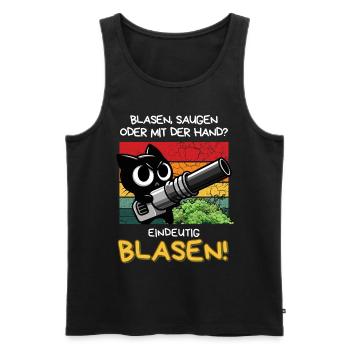 Blasen? Eindeutig! – Lustige Katze mit Laubbläser - Männer Premium Bio Tank Top - Schwarz - Vorne - Michal (187cm)