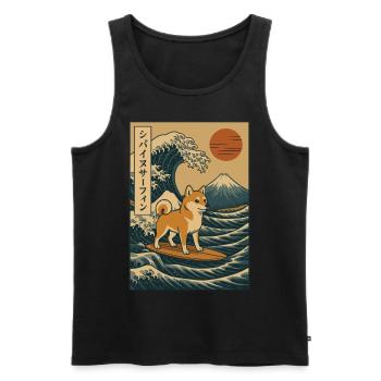 Shiba Inu Dog Surfing Japanese Wave Art Mount Fuji - Men's Premium Organic Tank Top - black - Front - AI Model Male 178 light (178cm)