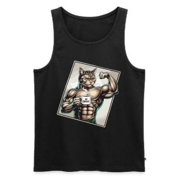 Chat puissant avec du café - Débardeur bio Premium Homme - noir - Devant - AI Model Male 178 light (178cm)