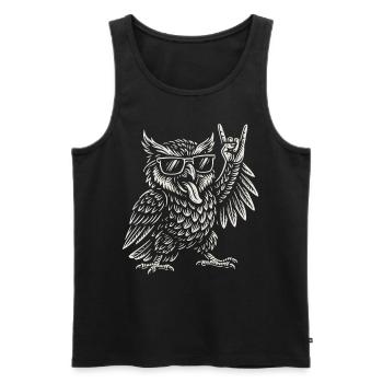 Musique rock, Hibou, Drôle, Heavy metal, Ambiance rétro - Débardeur bio Premium Homme - noir - Devant - AI Model Male 178 light (178cm)