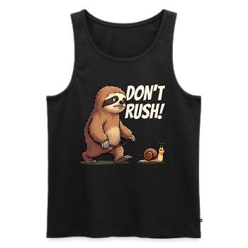 Sloth Saying, Don't Rush, Snail Hiking - Men's Premium Organic Tank Top - black - Front - AI Model Male 178 light (178cm)