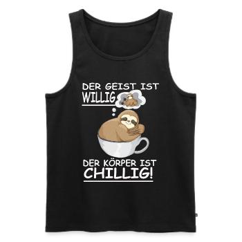 Faultier Spruch Geist ist willig, Körper Chillig - Männer Premium Bio Tank Top - Schwarz - Vorne - AI Model Male 178 light (178cm)