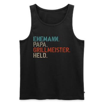 EHEMANN PAPA GRILLMEISTER HELD - Papa Geschenkidee - Männer Premium Bio Tank Top - Schwarz - Vorne - AI Model Male 178 light (178cm)