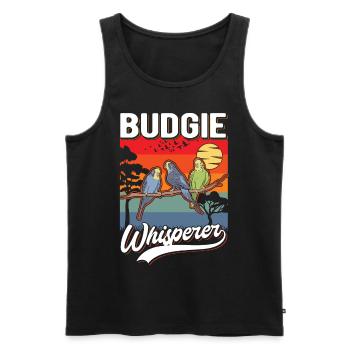 Budgerigar Whisperer Perruche Whisperer Welli - Débardeur bio Premium Homme - noir - Devant - AI Model Male 178 light (178cm)