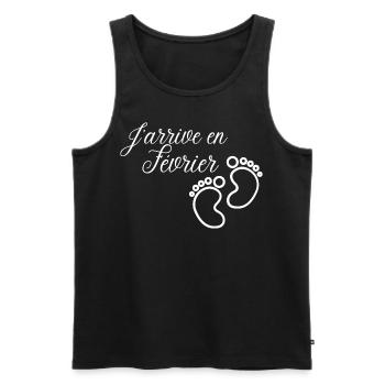 J' arrive en Février annonce naissance futur bébé - Débardeur bio Premium Homme - noir - Devant - AI Model Male 178 light (178cm)